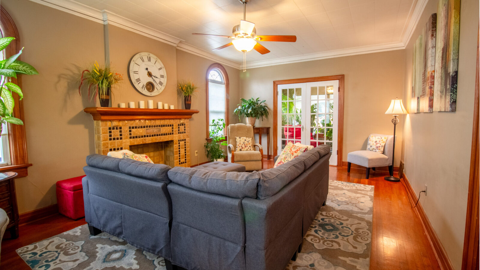 Bright living room at Vintage Charm OKC with comfortable seating and classic charm